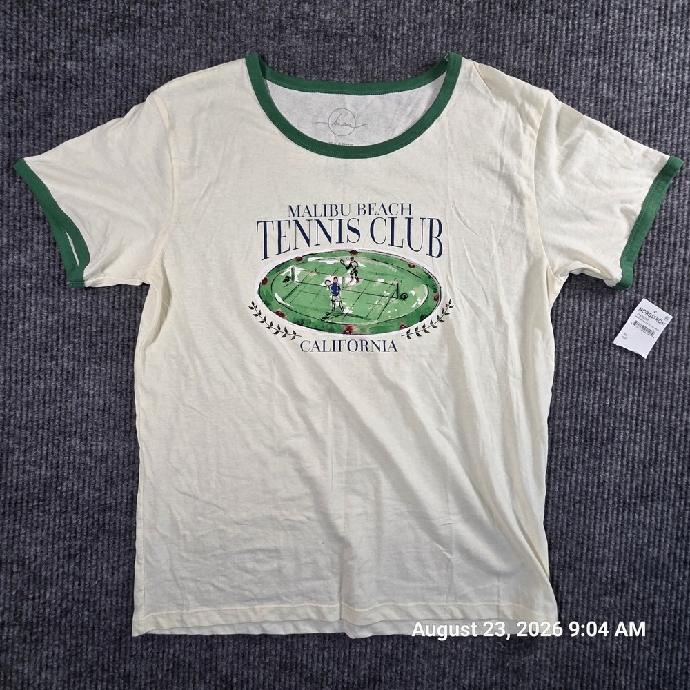 Hinge Malibu Beach Tennis Club Ringer Tee Cream Green XL New With Flaw